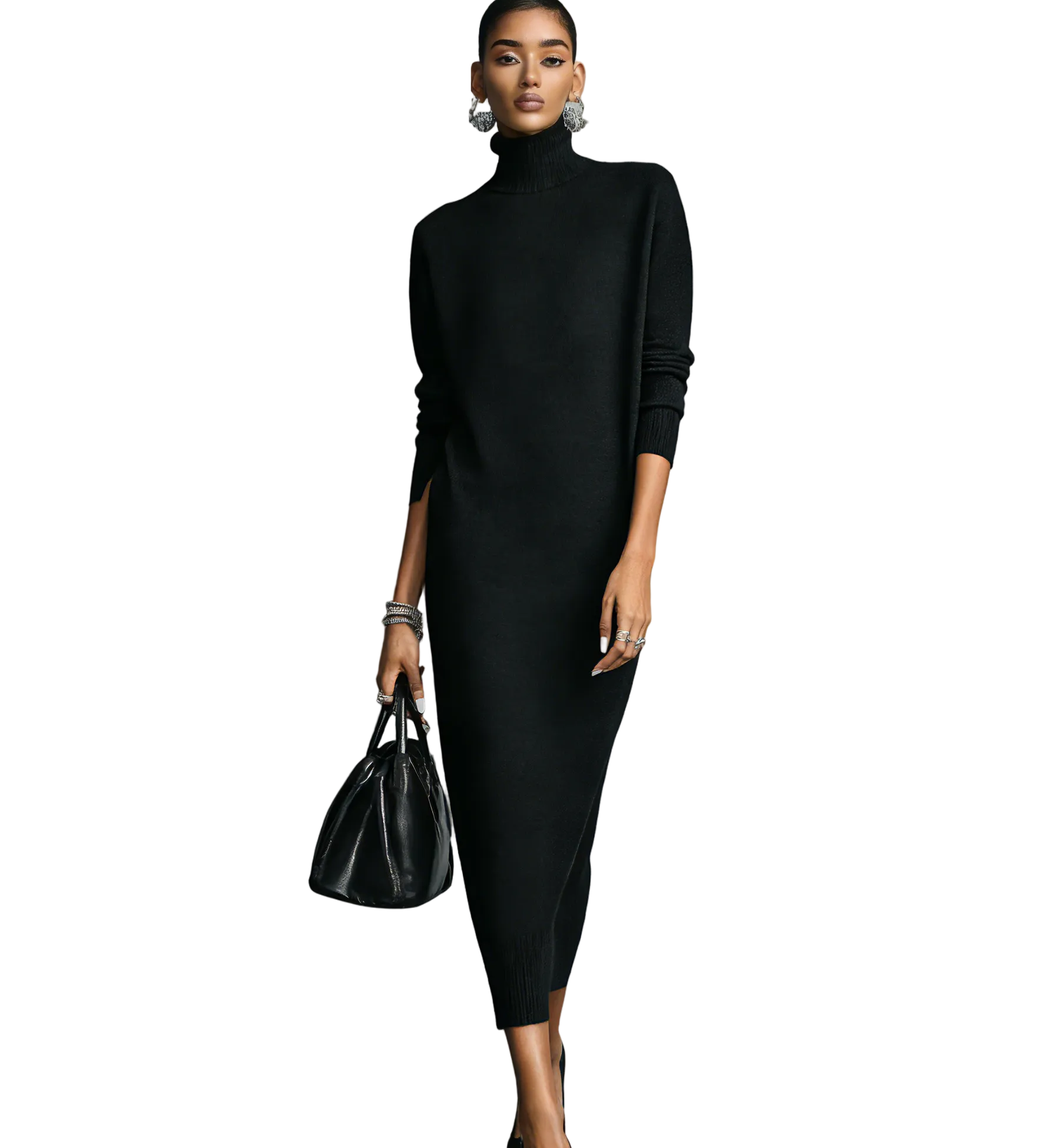 Women's Elegant Black Knitted Turtleneck Long-sleeved Loose-fitting  Midi Dress With No Pockets MDA1974L7AN