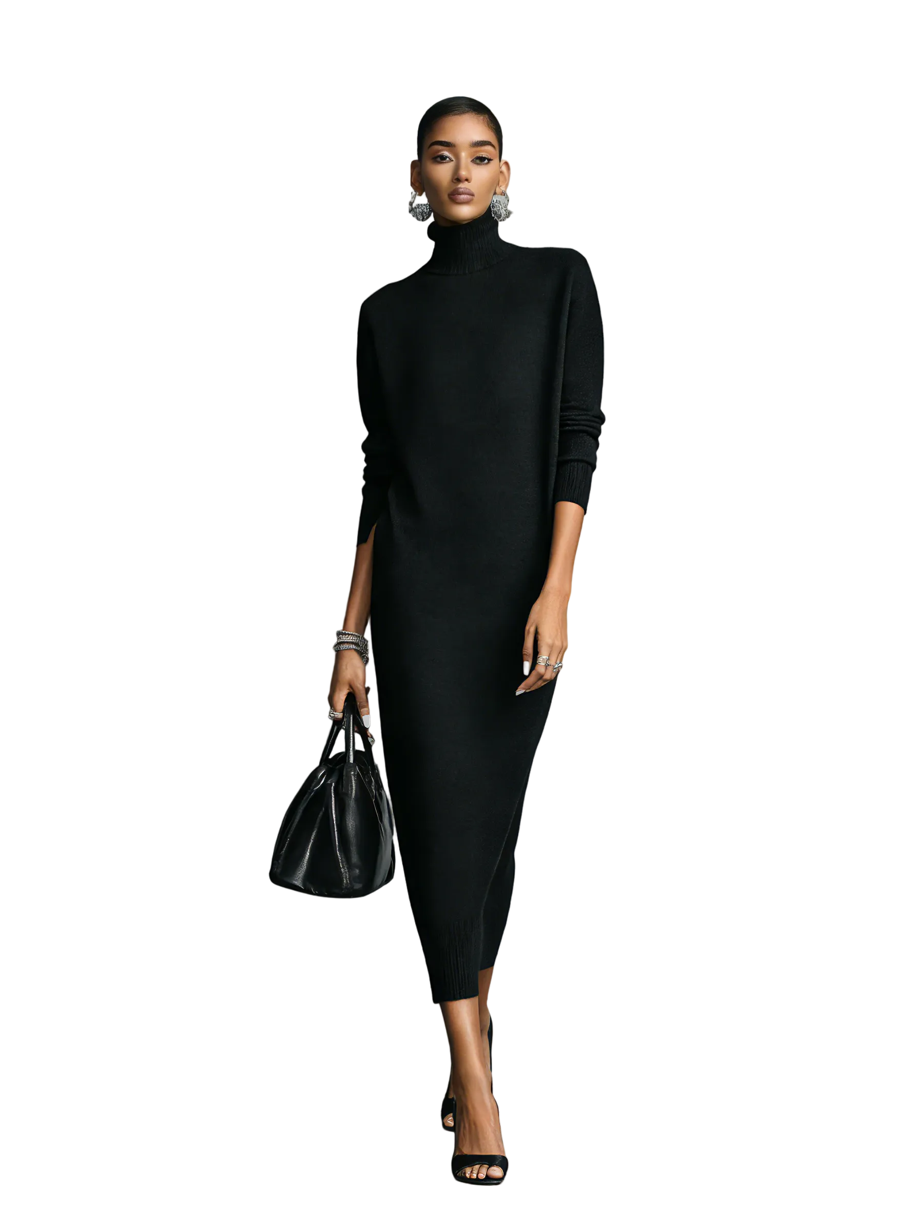 Women's Elegant Black Knitted Turtleneck Long-sleeved Loose-fitting  Midi Dress With No Pockets MDA1974L7AN
