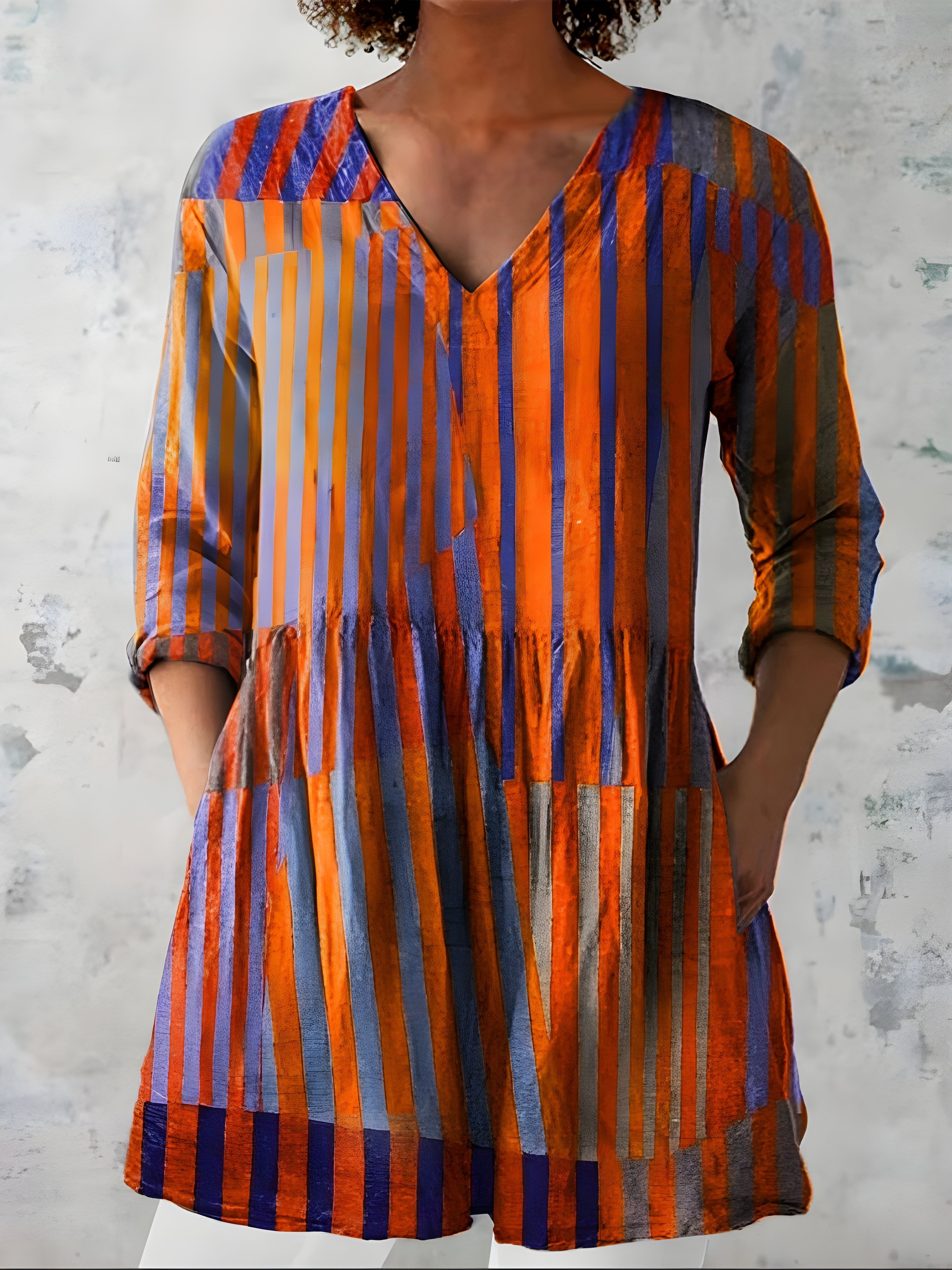 ORANGE LONG BLOUSE WITH V-NECK