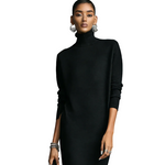 Women's Elegant Black Knitted Turtleneck Long-sleeved Loose-fitting  Midi Dress With No Pockets MDA1974L7AN