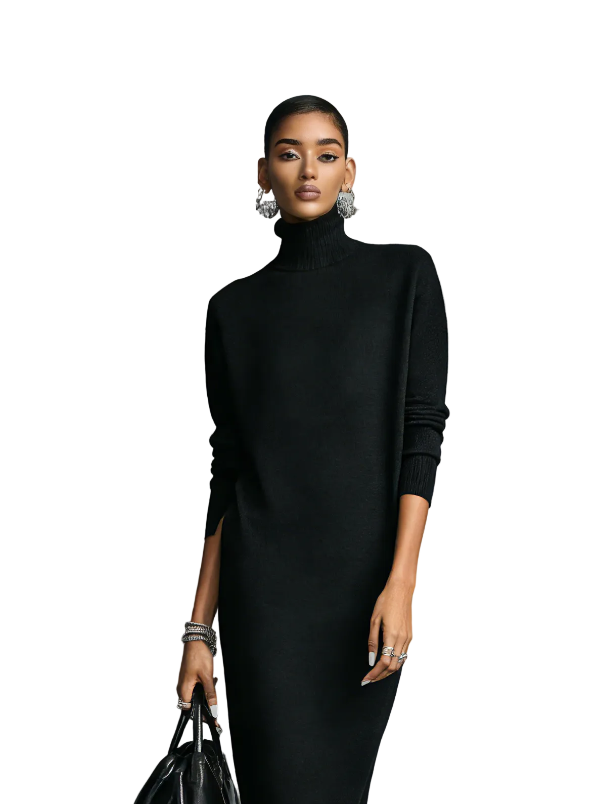Women's Elegant Black Knitted Turtleneck Long-sleeved Loose-fitting  Midi Dress With No Pockets MDA1974L7AN