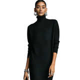Women's Elegant Black Knitted Turtleneck Long-sleeved Loose-fitting  Midi Dress With No Pockets MDA1974L7AN