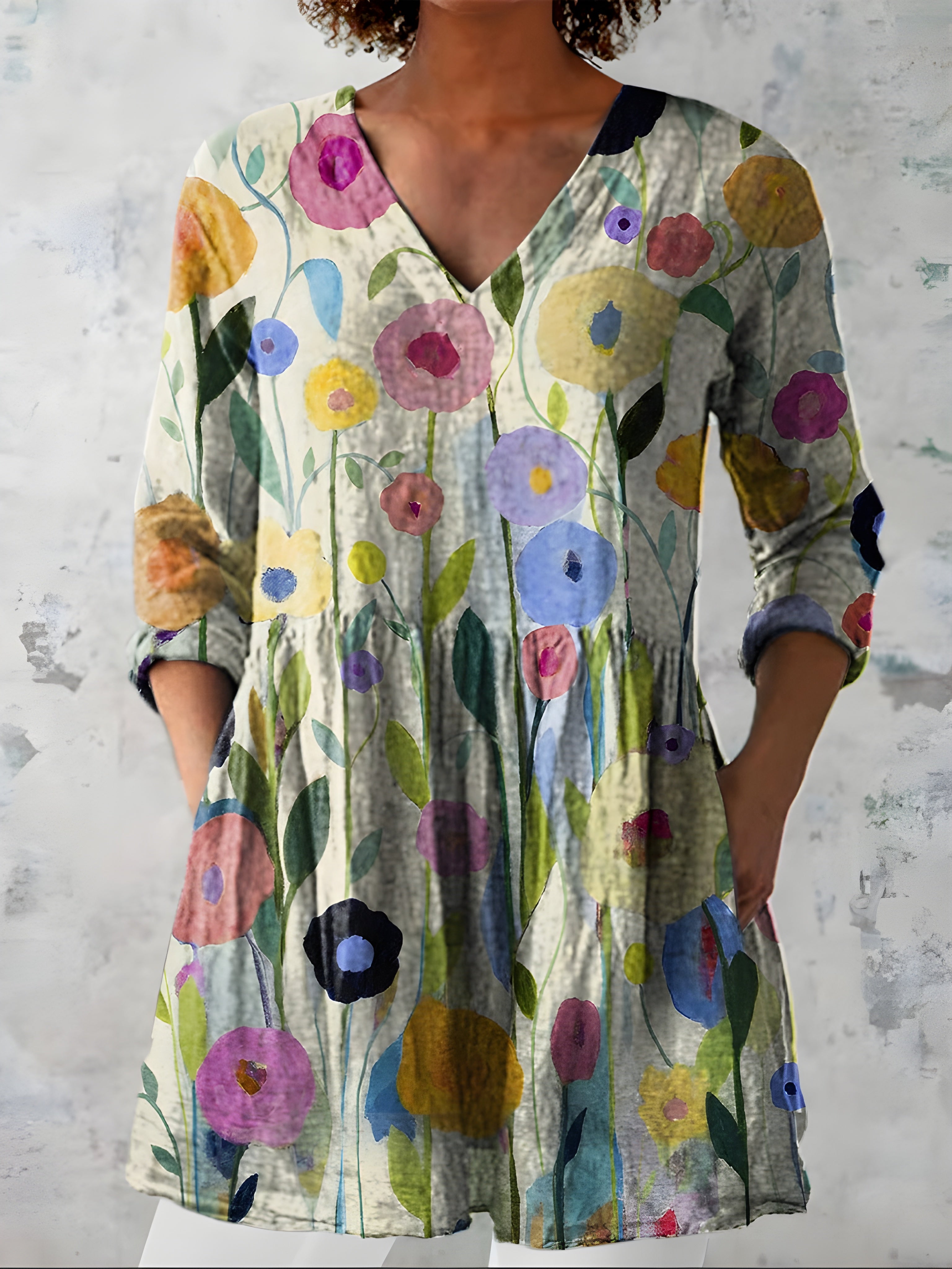 MULTICOLOUR LONG BLOUSE WITH V-NECK 10