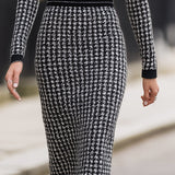 Houndstooth Knit Midi Dress With Contrast Collar