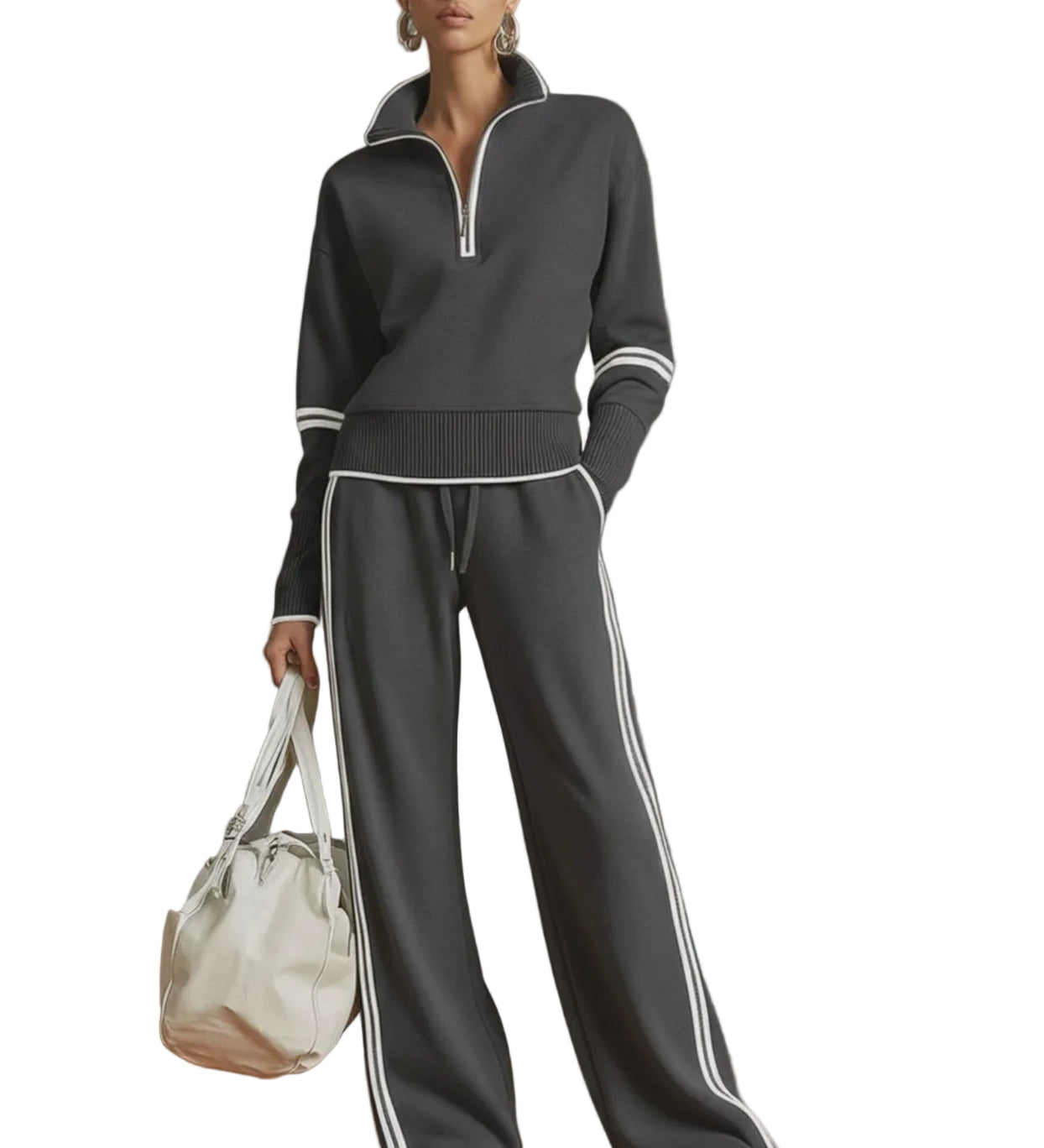 Retro Sporty Webbing Grey-white Half-zip Sweatshirt And Wide-leg Pants Set