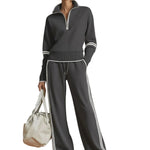 Retro Sporty Webbing Grey-white Half-zip Sweatshirt And Wide-leg Pants Set