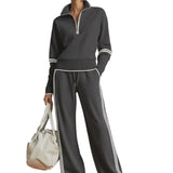 Retro Sporty Webbing Grey-white Half-zip Sweatshirt And Wide-leg Pants Set