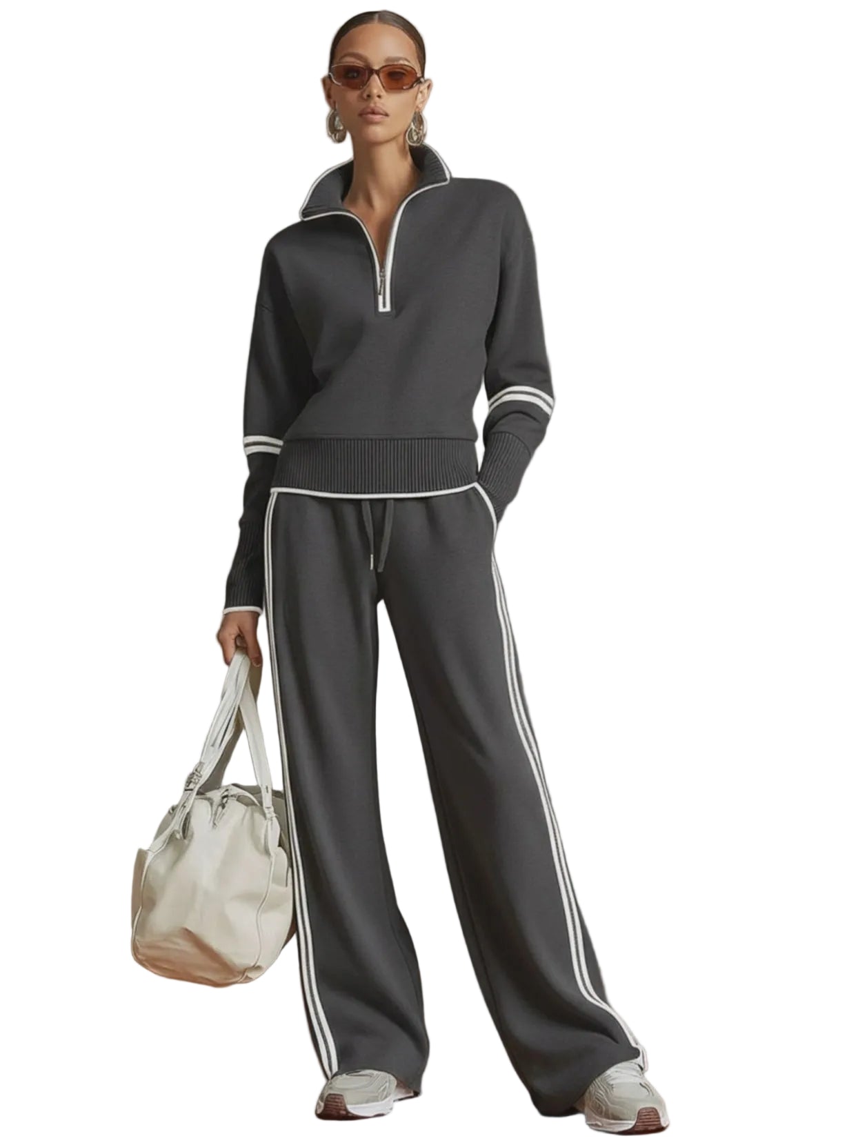 Retro Sporty Webbing Grey-white Half-zip Sweatshirt And Wide-leg Pants Set