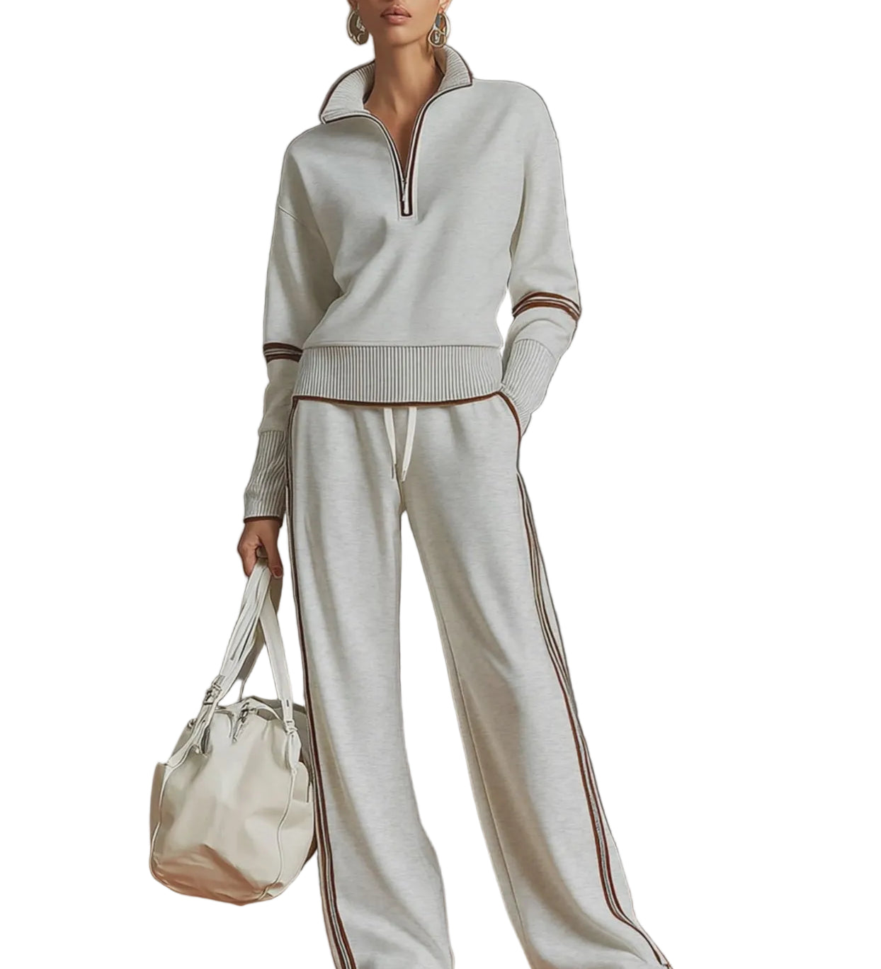 Retro Sporty Webbing Grey-white Half-zip Sweatshirt And Wide-leg Pants Set