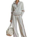 Retro Sporty Webbing Grey-white Half-zip Sweatshirt And Wide-leg Pants Set