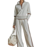 Retro Sporty Webbing Grey-white Half-zip Sweatshirt And Wide-leg Pants Set