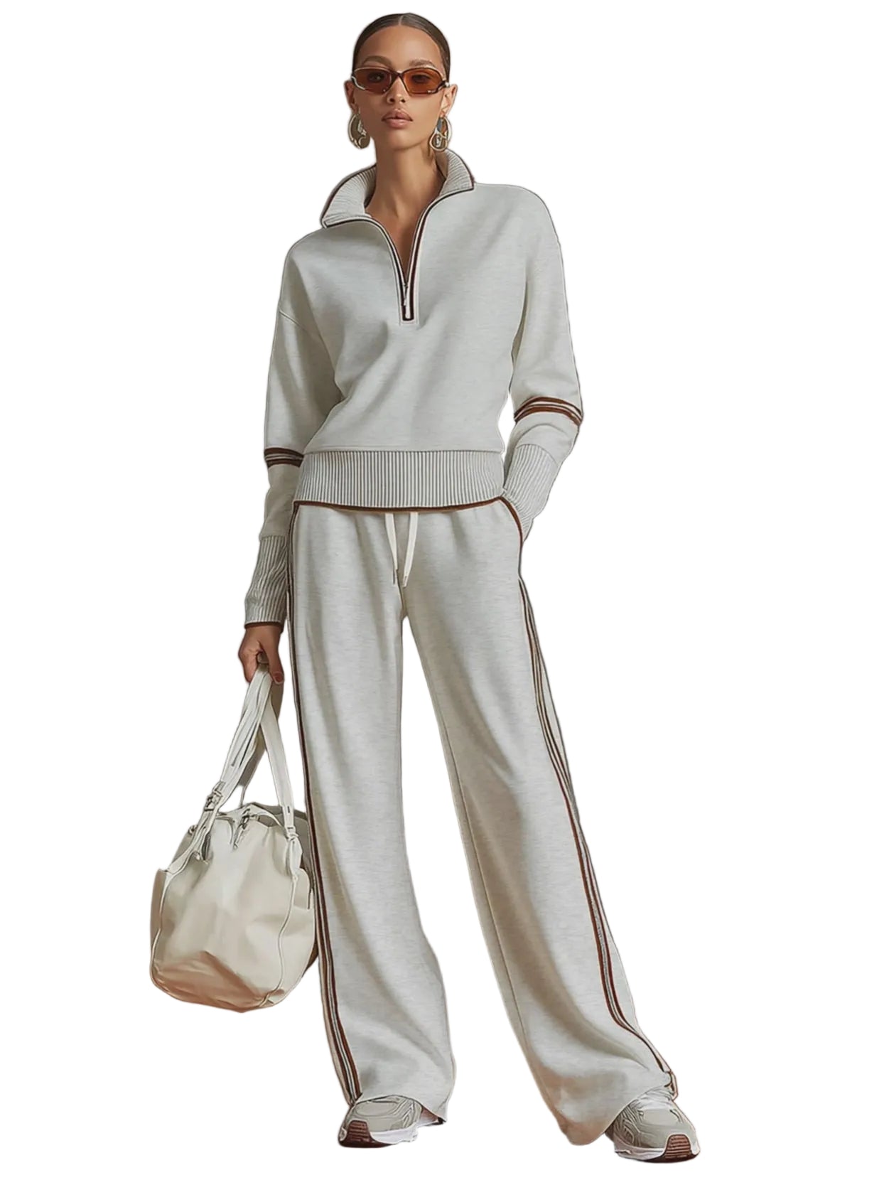 Retro Sporty Webbing Grey-white Half-zip Sweatshirt And Wide-leg Pants Set