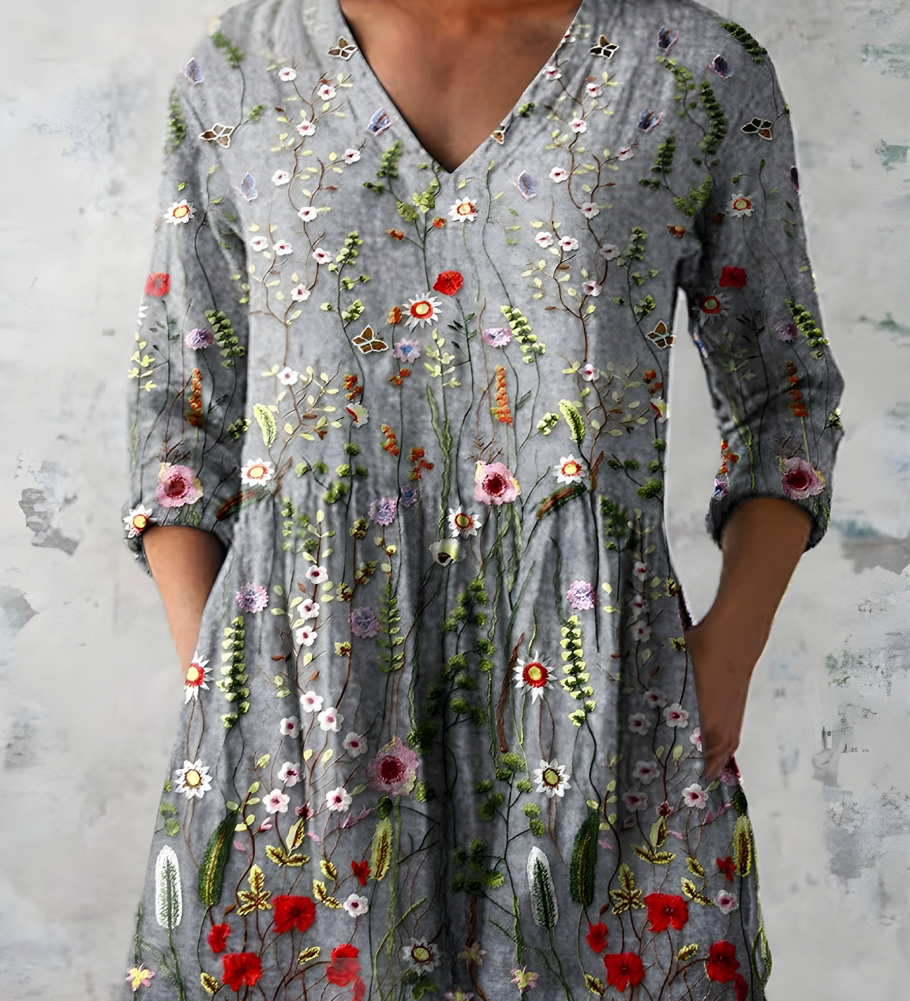 GREY LONG BLOUSE WITH V-NECK 1