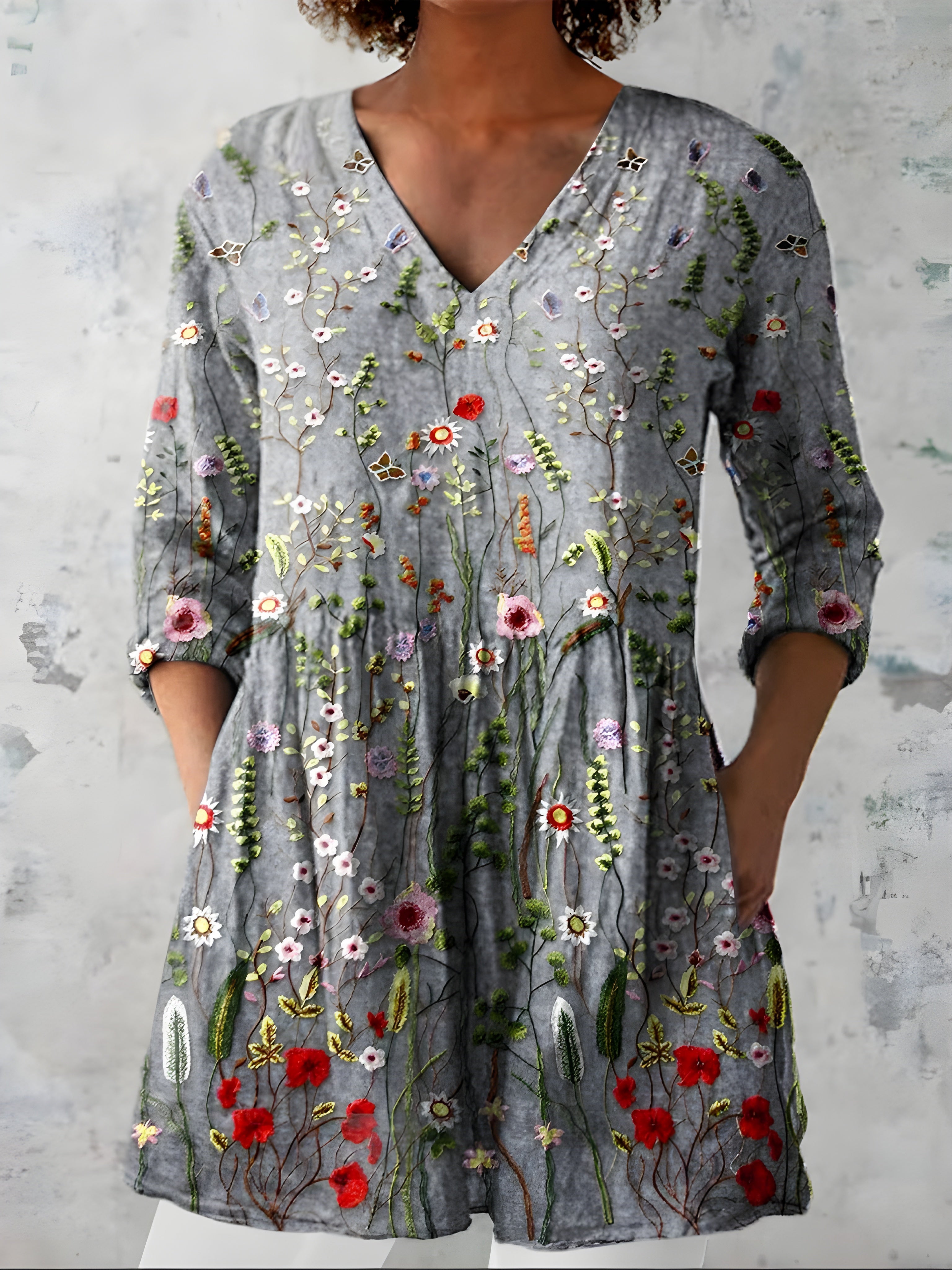 GREY LONG BLOUSE WITH V-NECK 1