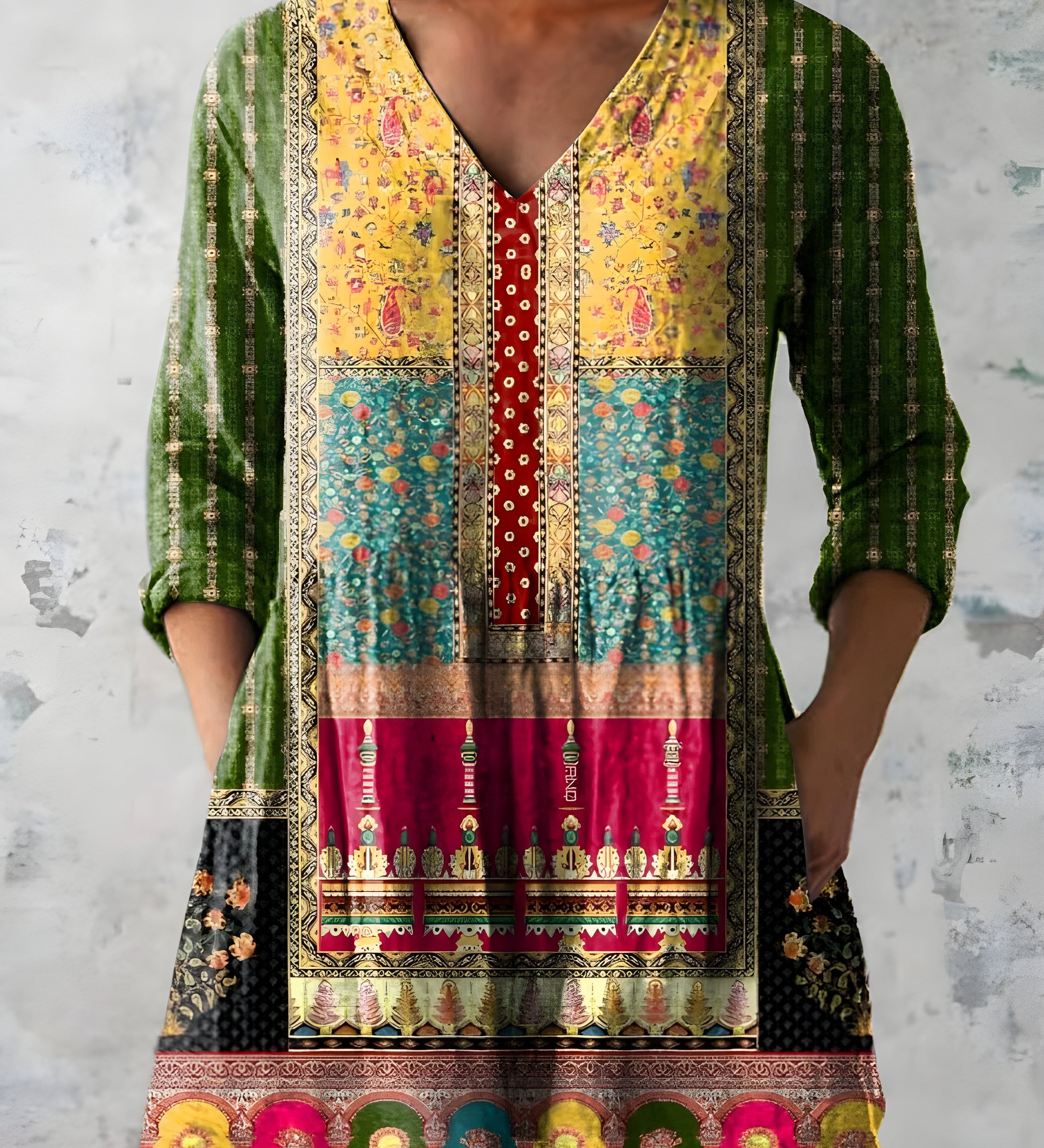 MULTICOLOUR LONG BLOUSE WITH V-NECK 2