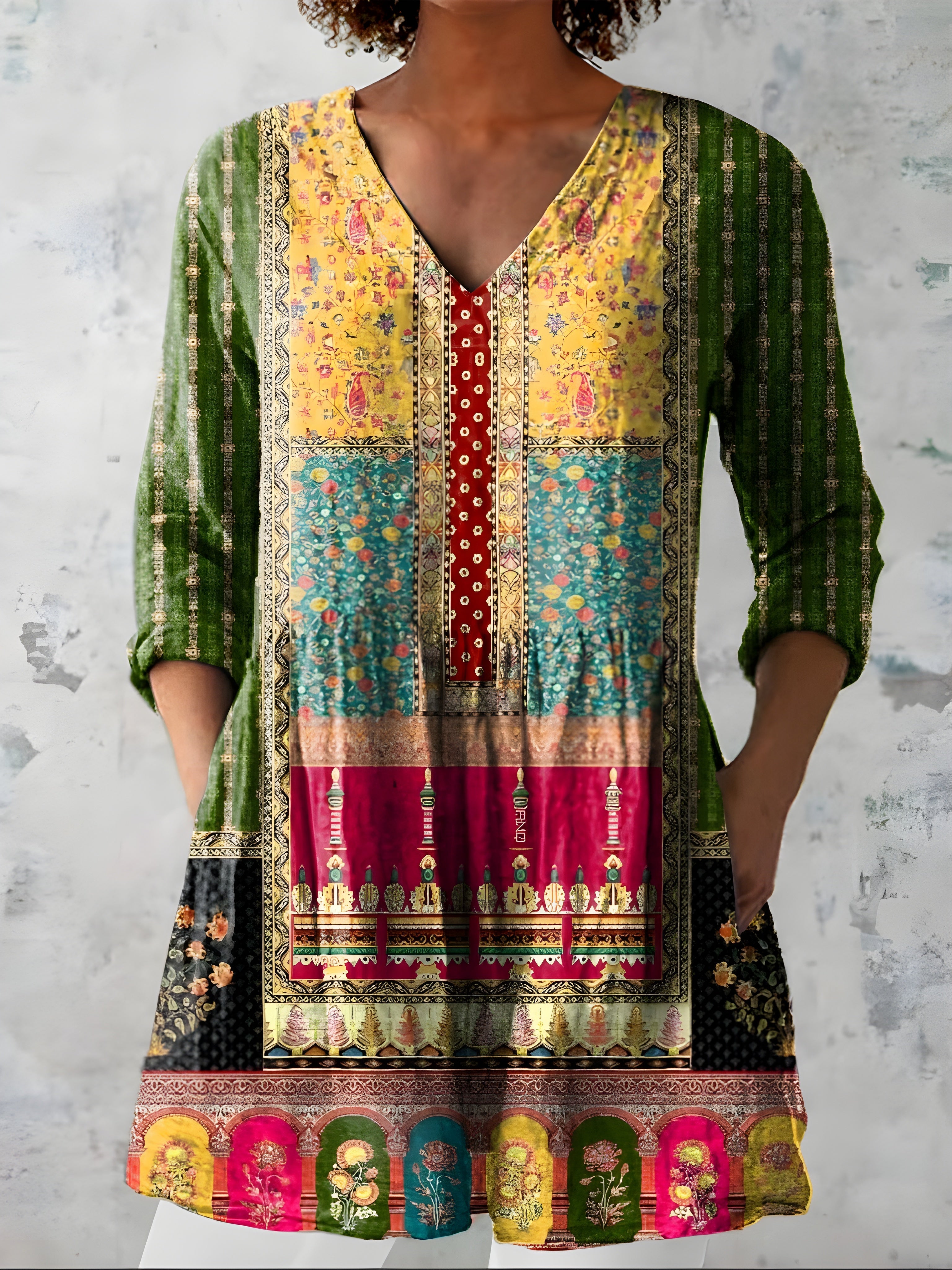 MULTICOLOUR LONG BLOUSE WITH V-NECK 2