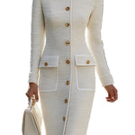 Ivory Tweed Button-Down Midi Dress With Patch Pockets