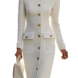 Ivory Tweed Button-Down Midi Dress With Patch Pockets