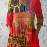 RED LONG BLOUSE WITH V-NECK