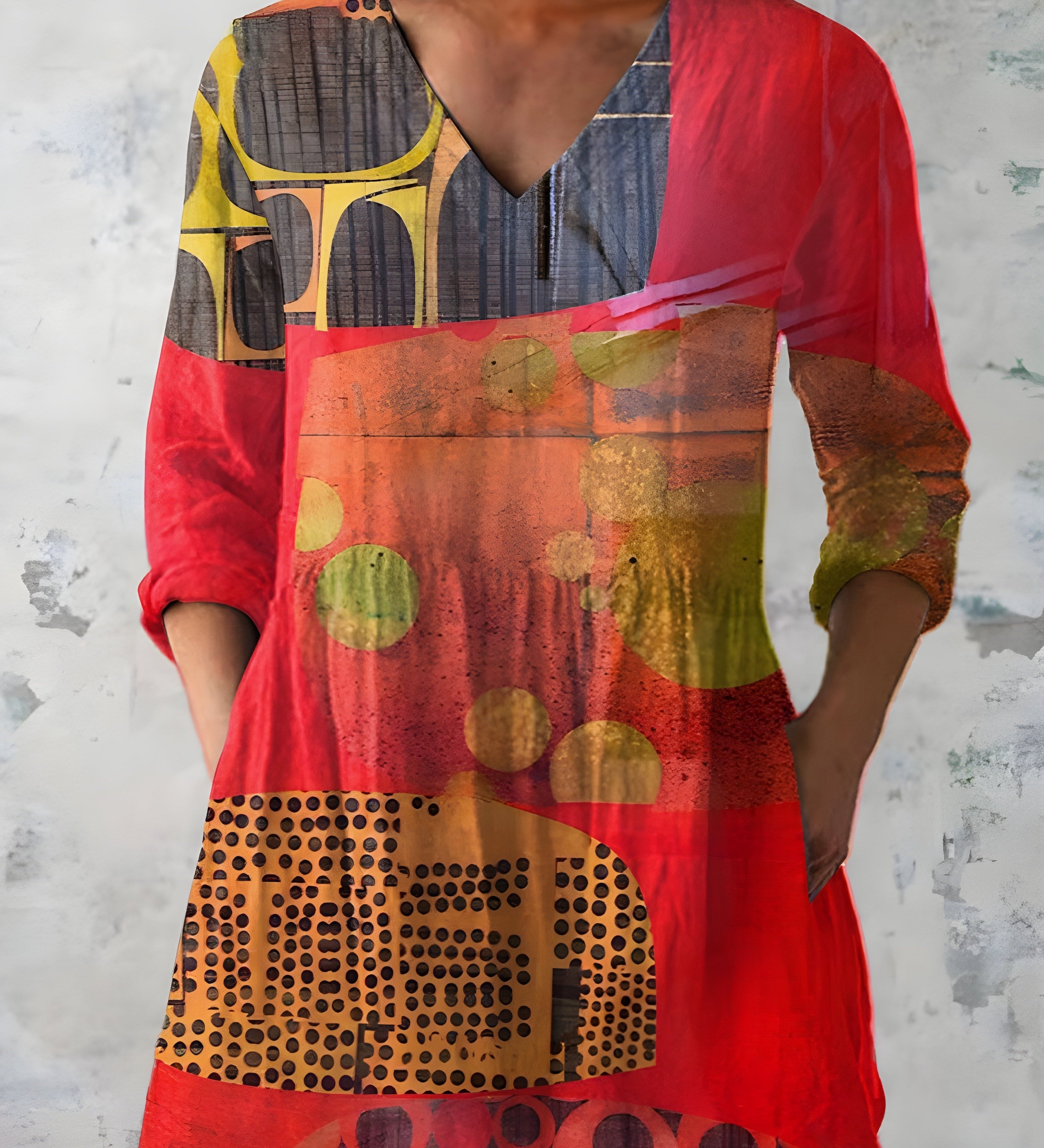 RED LONG BLOUSE WITH V-NECK