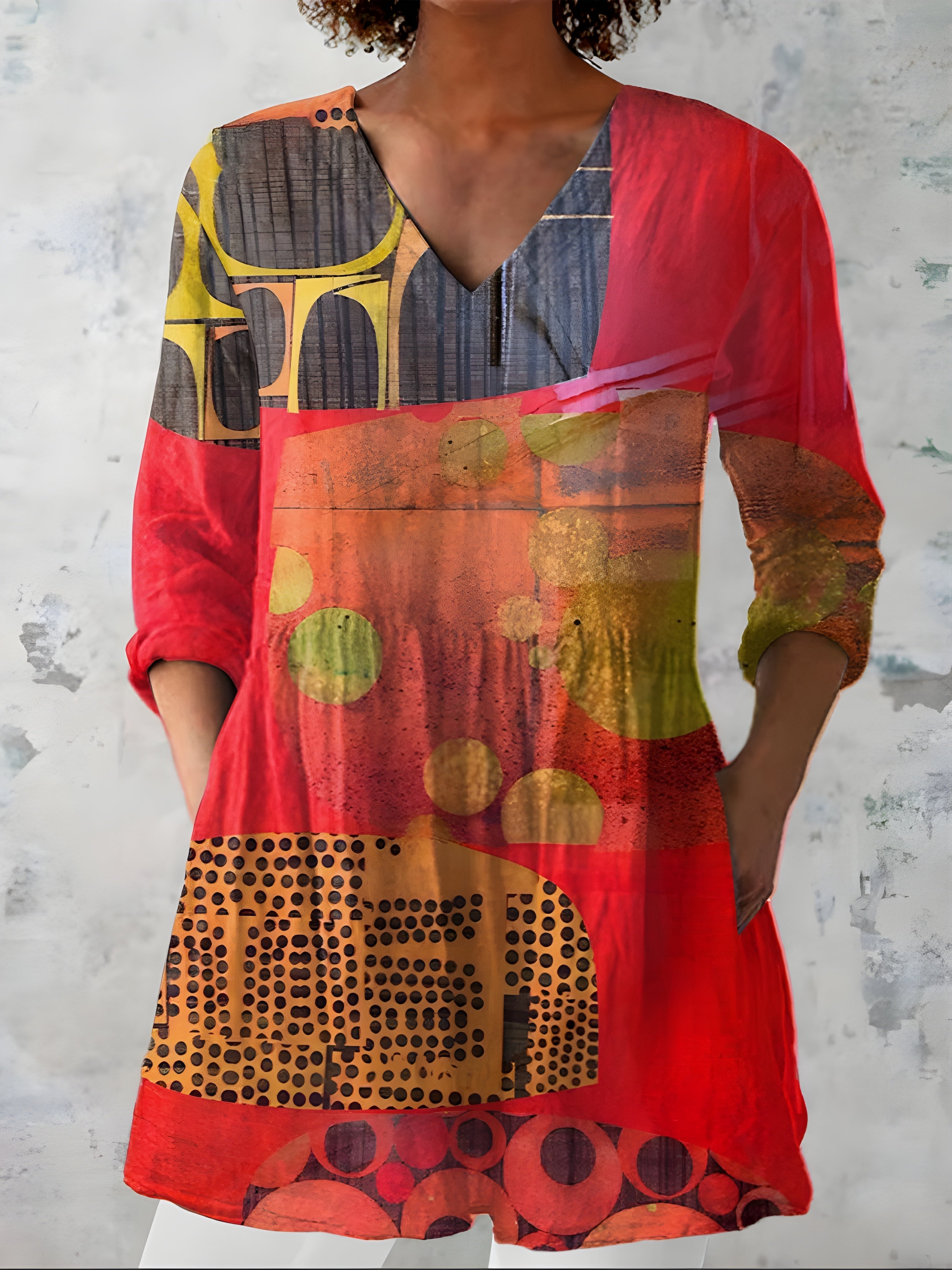 RED LONG BLOUSE WITH V-NECK