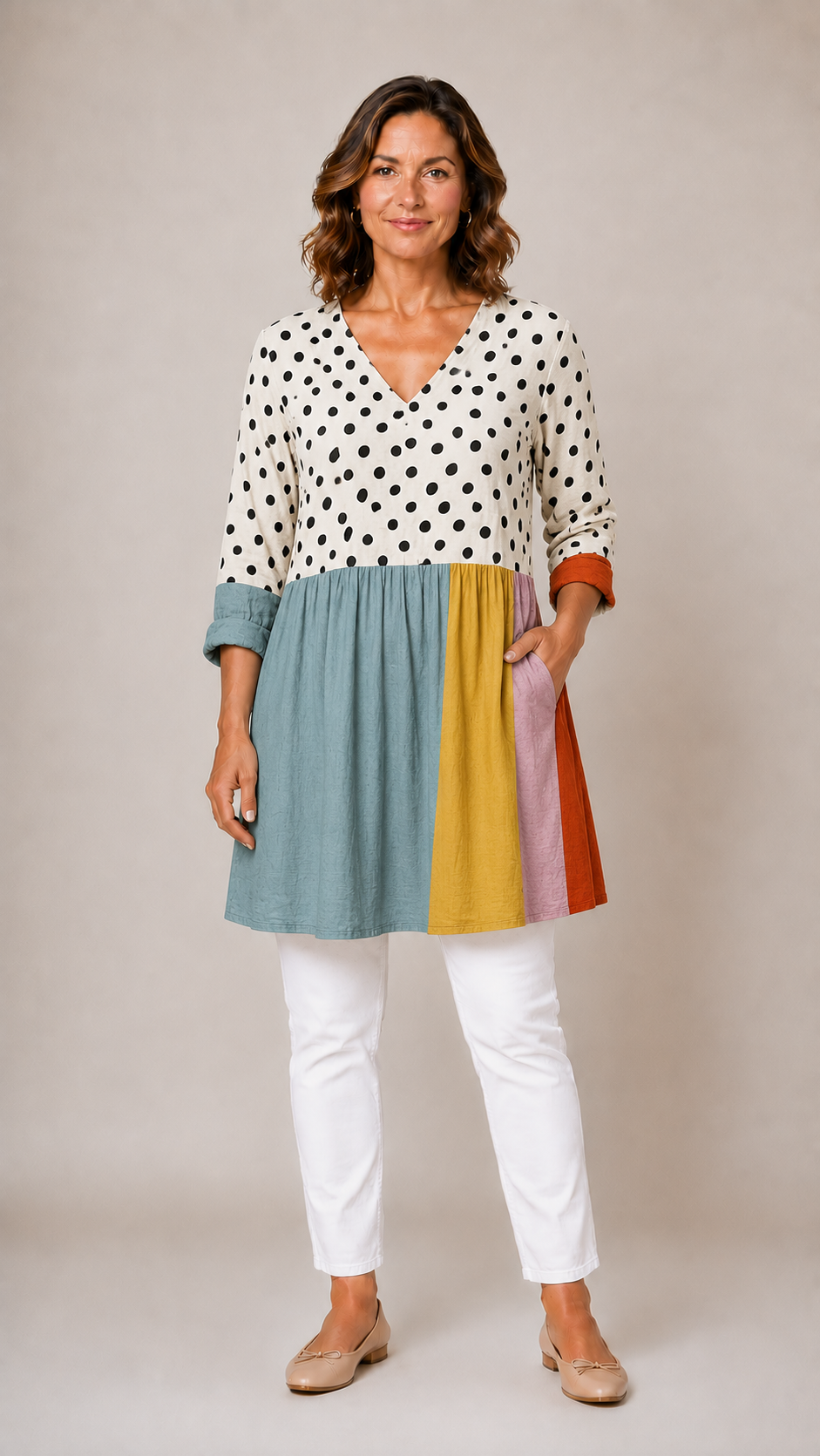 MULTICOLOUR LONG BLOUSE WITH V-NECK 13