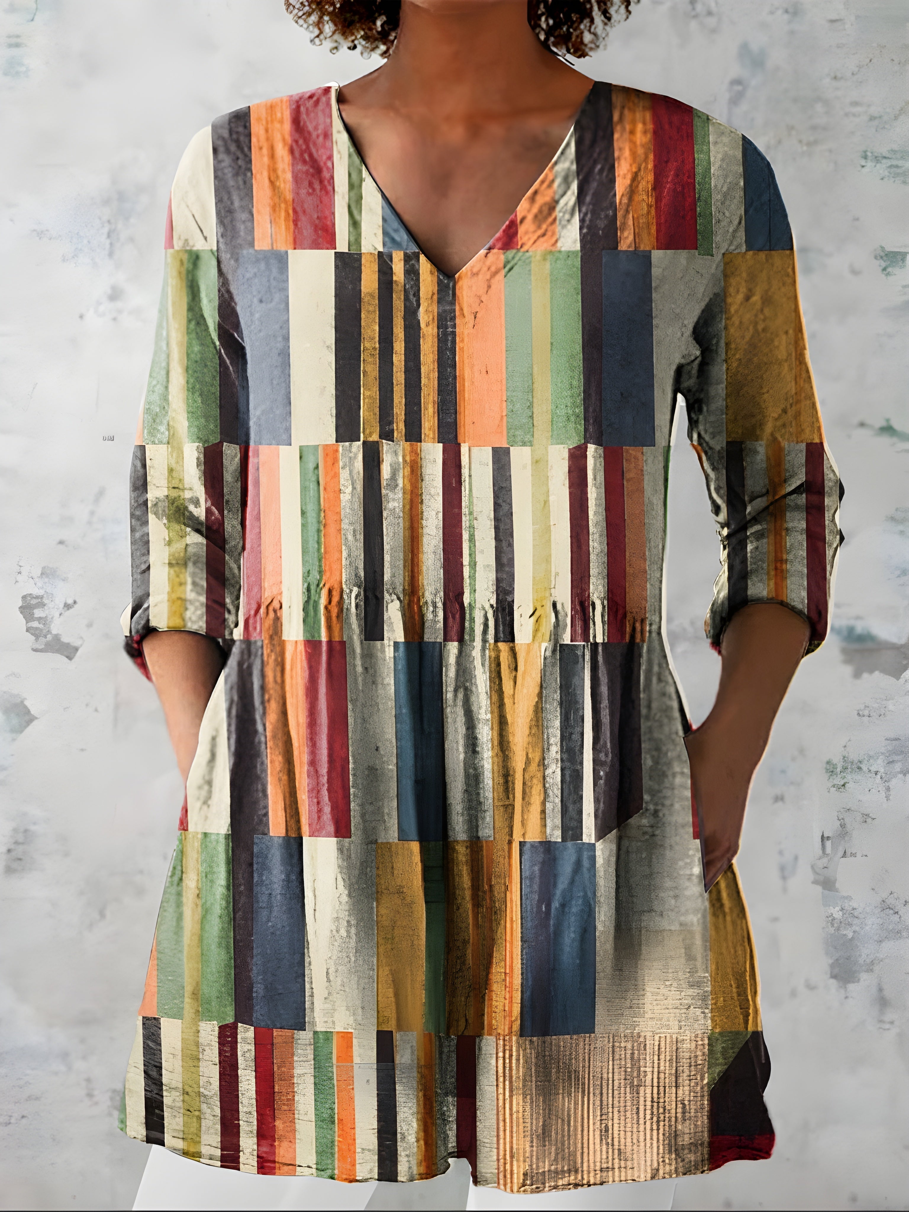 MULTICOLOUR LONG BLOUSE WITH V-NECK 1