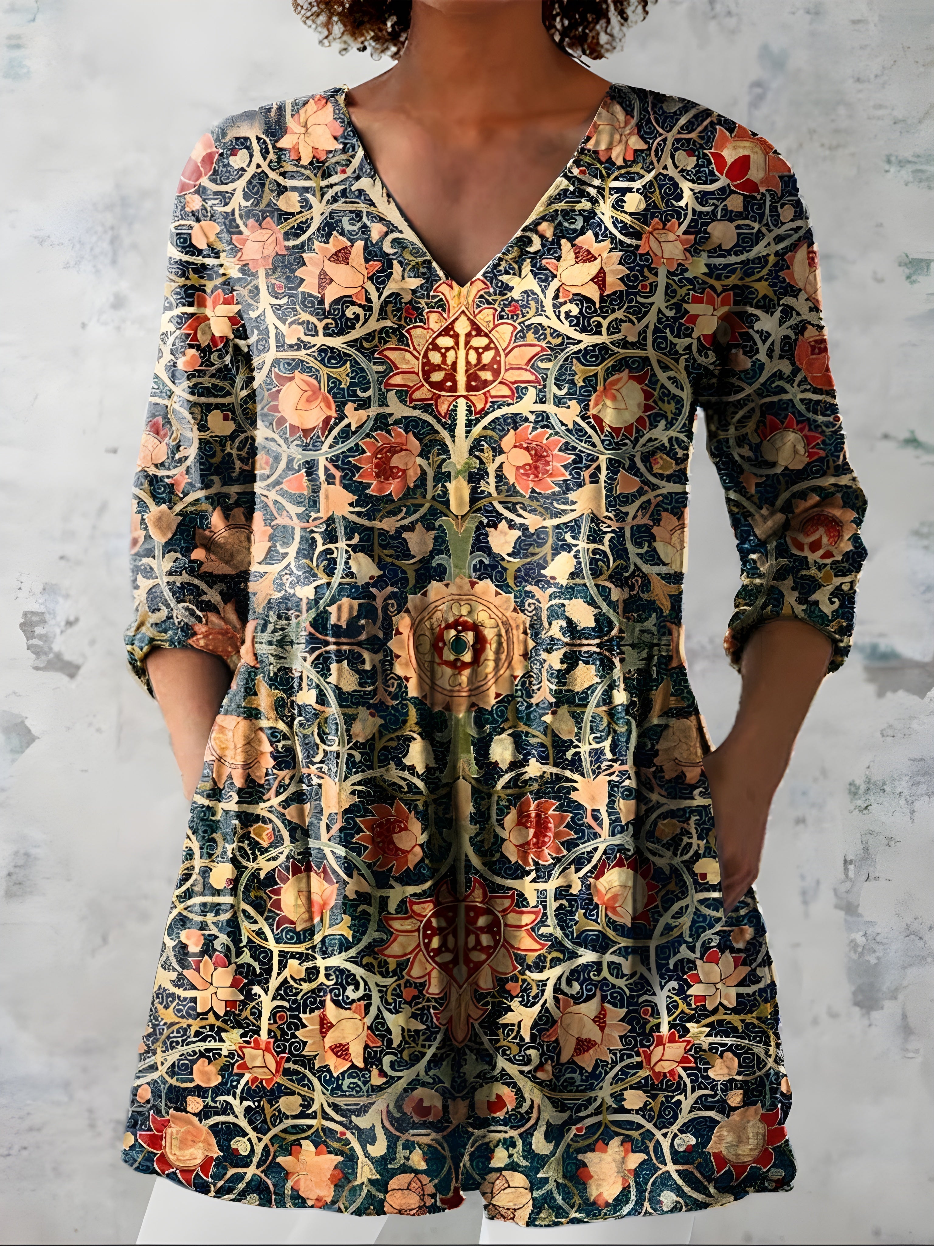 MULTICOLOUR LONG BLOUSE WITH V-NECK 5