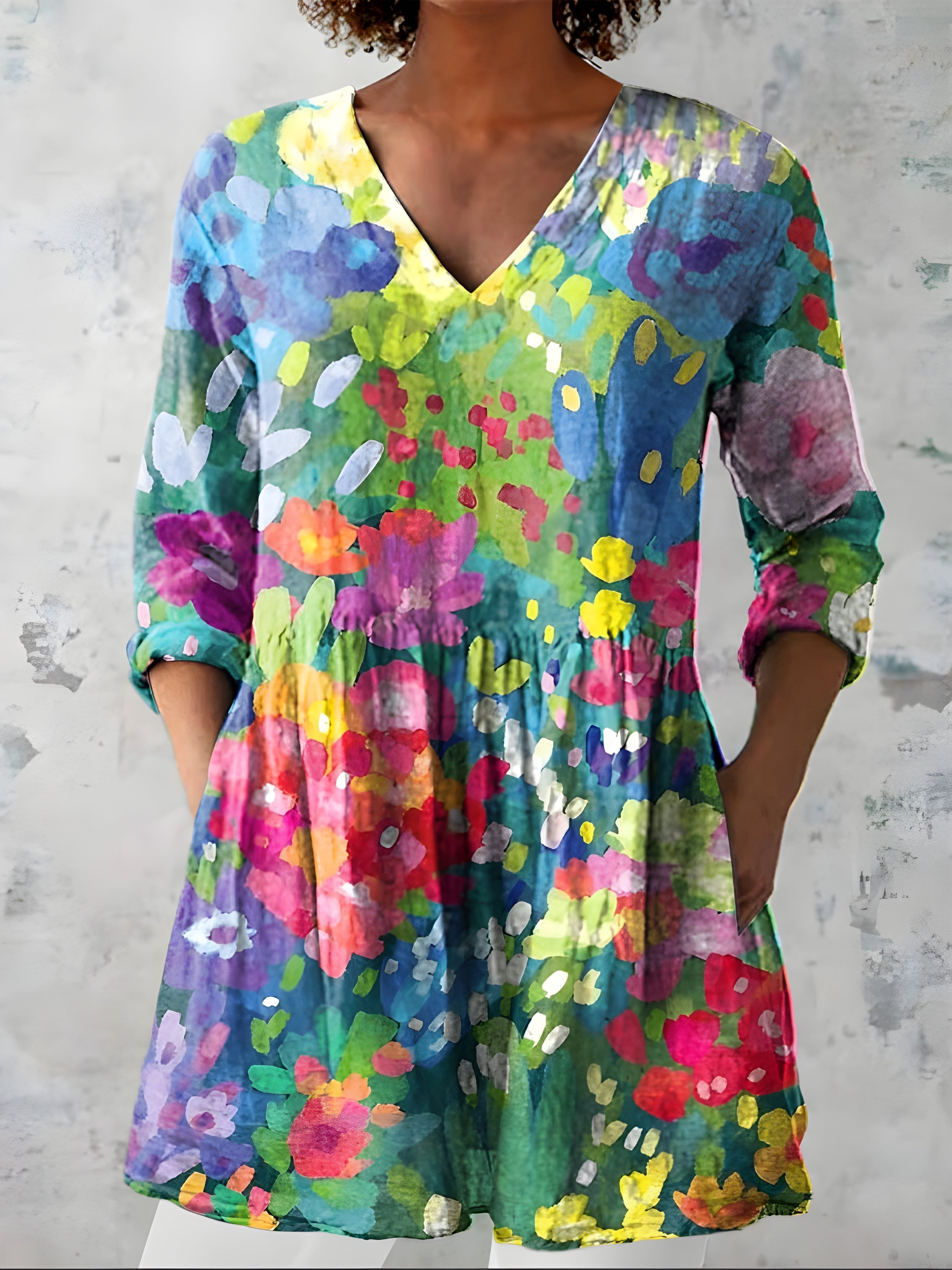 MULTICOLOUR LONG BLOUSE WITH V-NECK 7