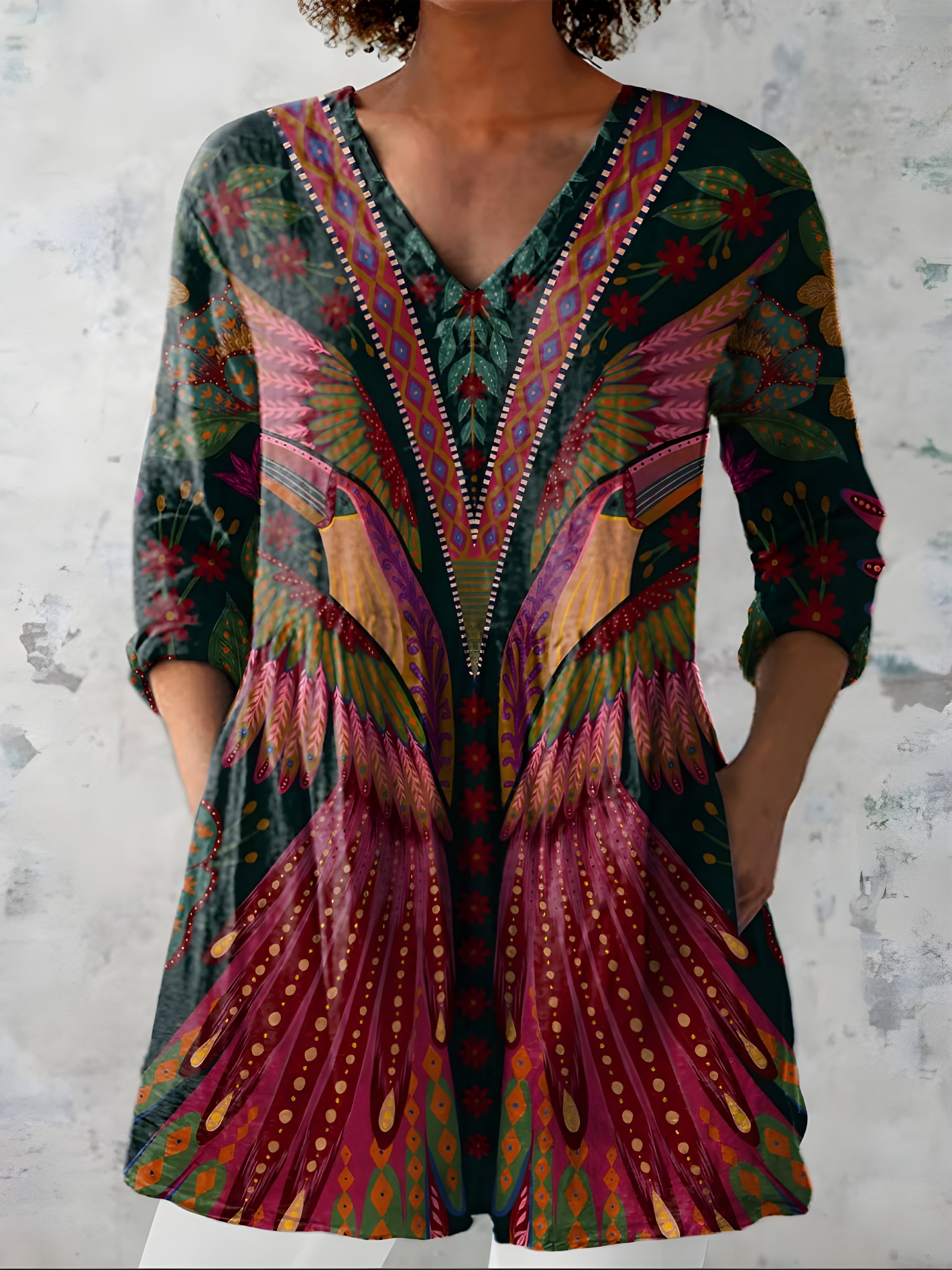 MULTICOLOUR LONG BLOUSE WITH V-NECK 8