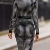 Houndstooth Knit Midi Dress With Contrast Collar