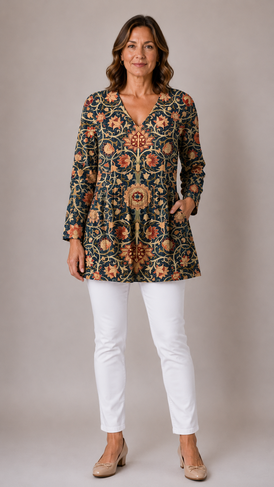 MULTICOLOUR LONG BLOUSE WITH V-NECK 5