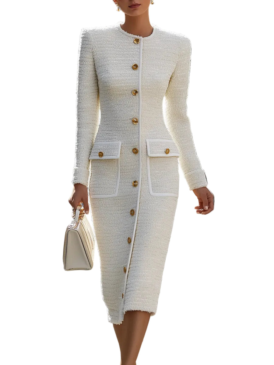 Tweed Midi Dress – Ivory Button-Down