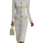 Tweed Midi Dress – Ivory Button-Down