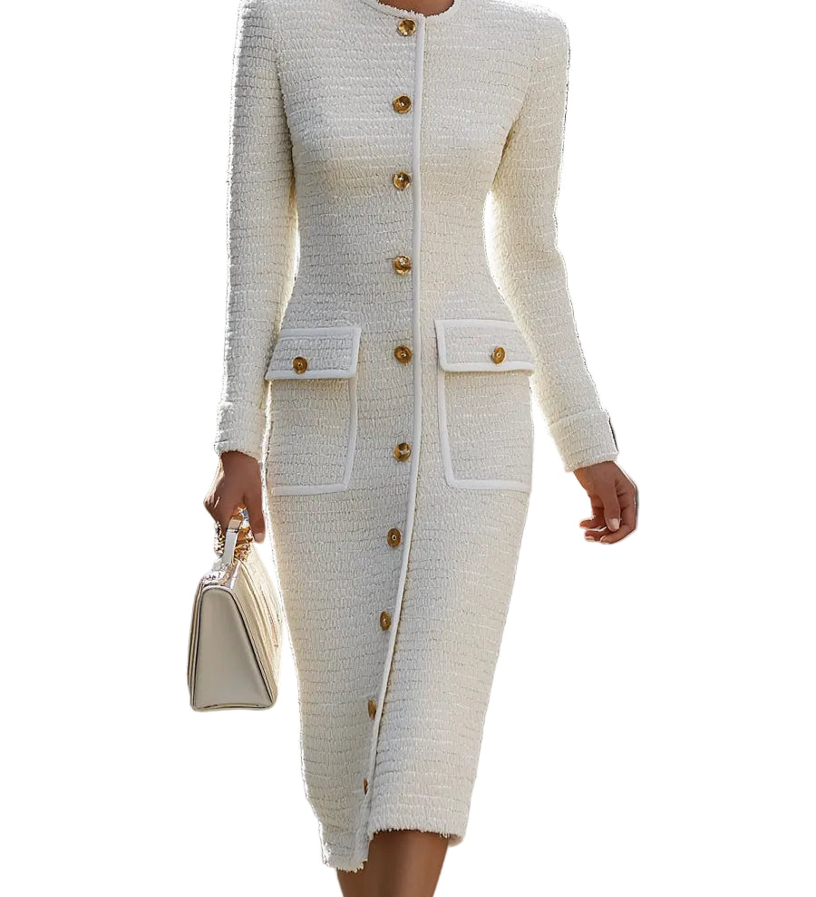 Tweed Midi Dress – Ivory Button-Down