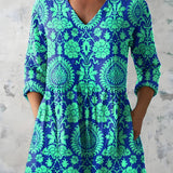 TEAL LONG BLOUSE WITH V-NECK
