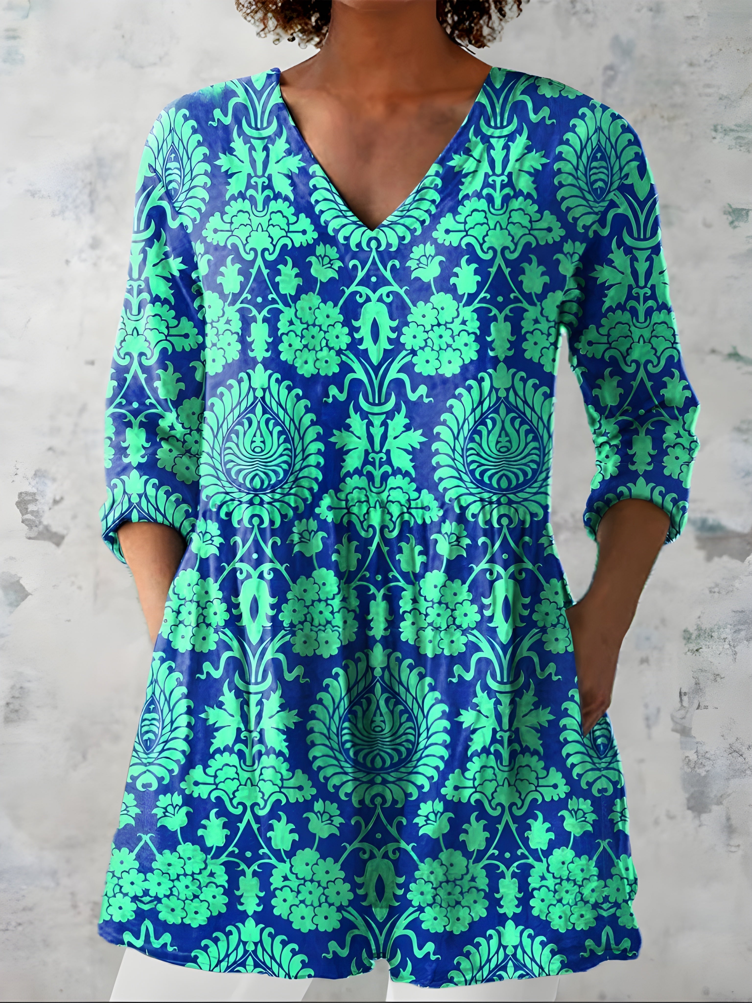 TEAL LONG BLOUSE WITH V-NECK