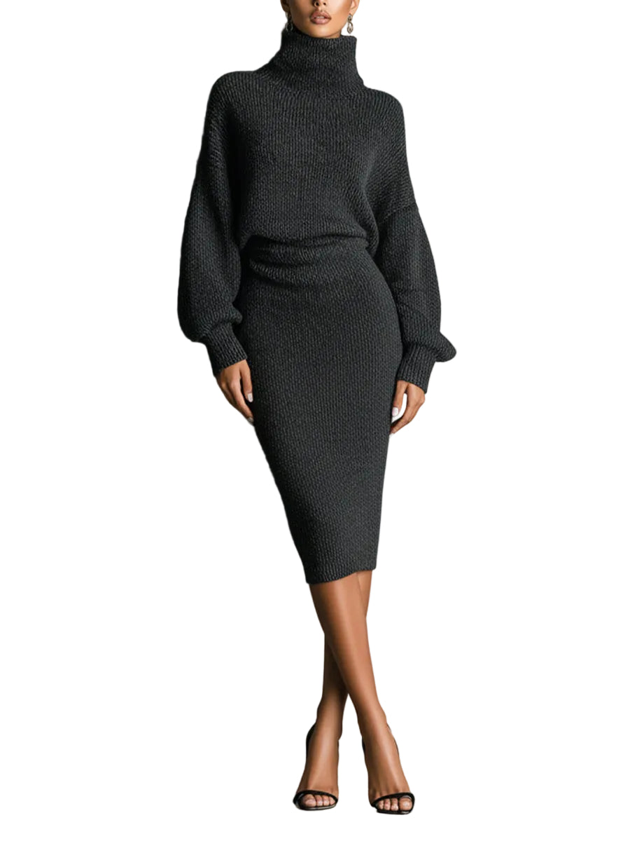 Women's Charcoal Chic Knit Turtleneck Oversized Knit Midi Dress MDA1624J6I