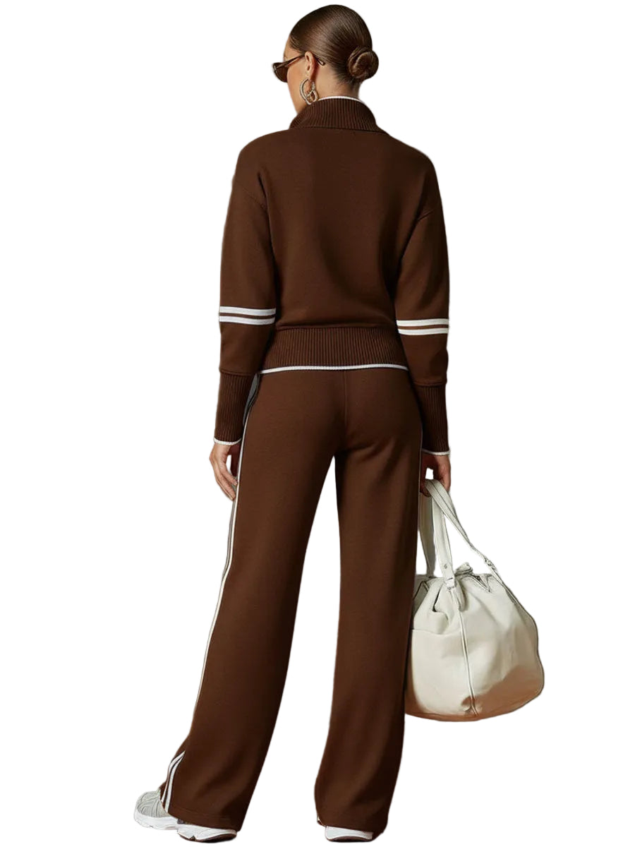 Retro Sporty Webbing Grey-white Half-zip Sweatshirt And Wide-leg Pants Set