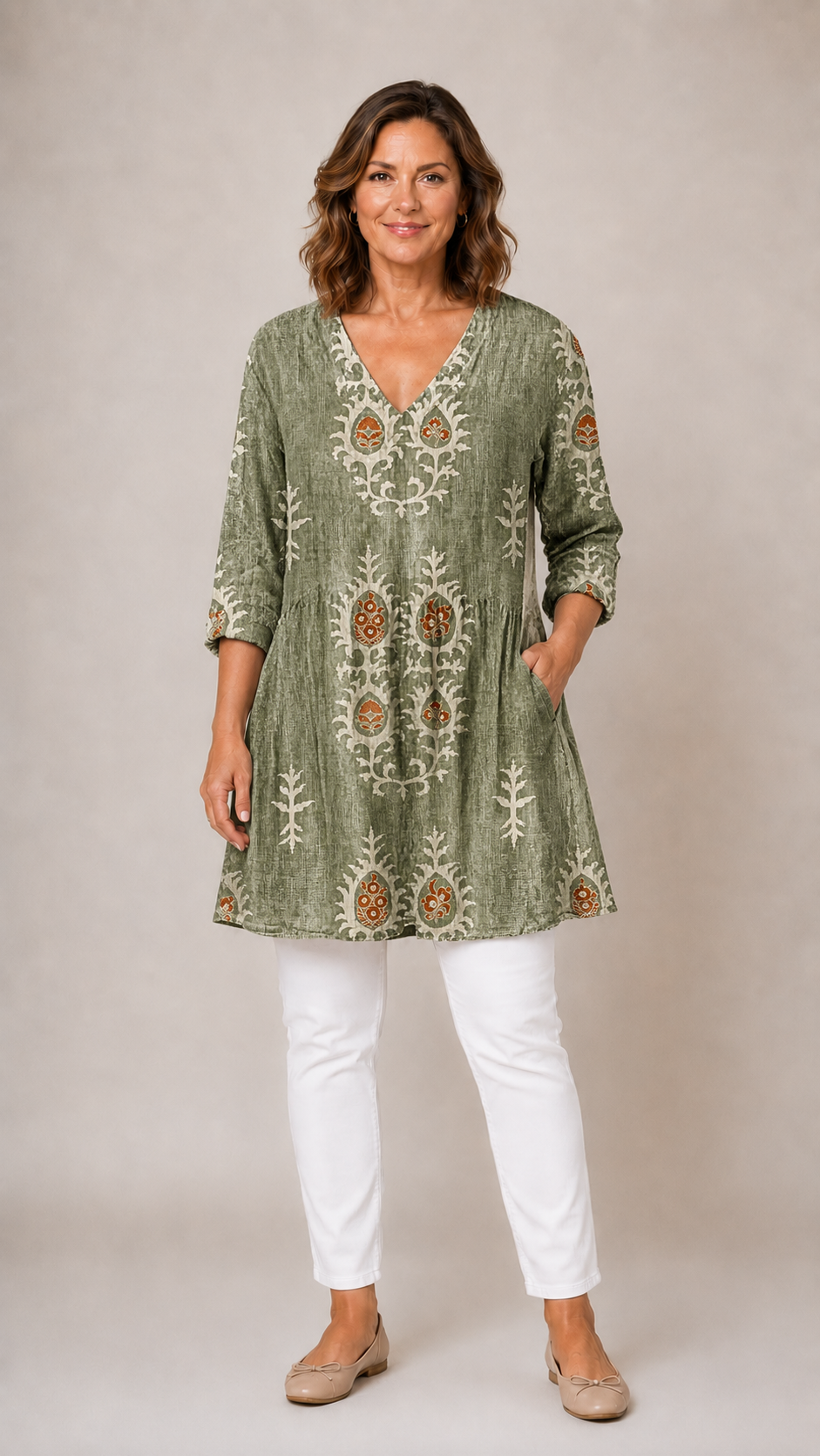 GREEN LONG BLOUSE WITH V-NECK 1