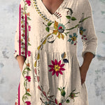 BEIGE LONG BLOUSE WITH V-NECK