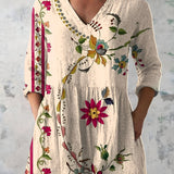 BEIGE LONG BLOUSE WITH V-NECK