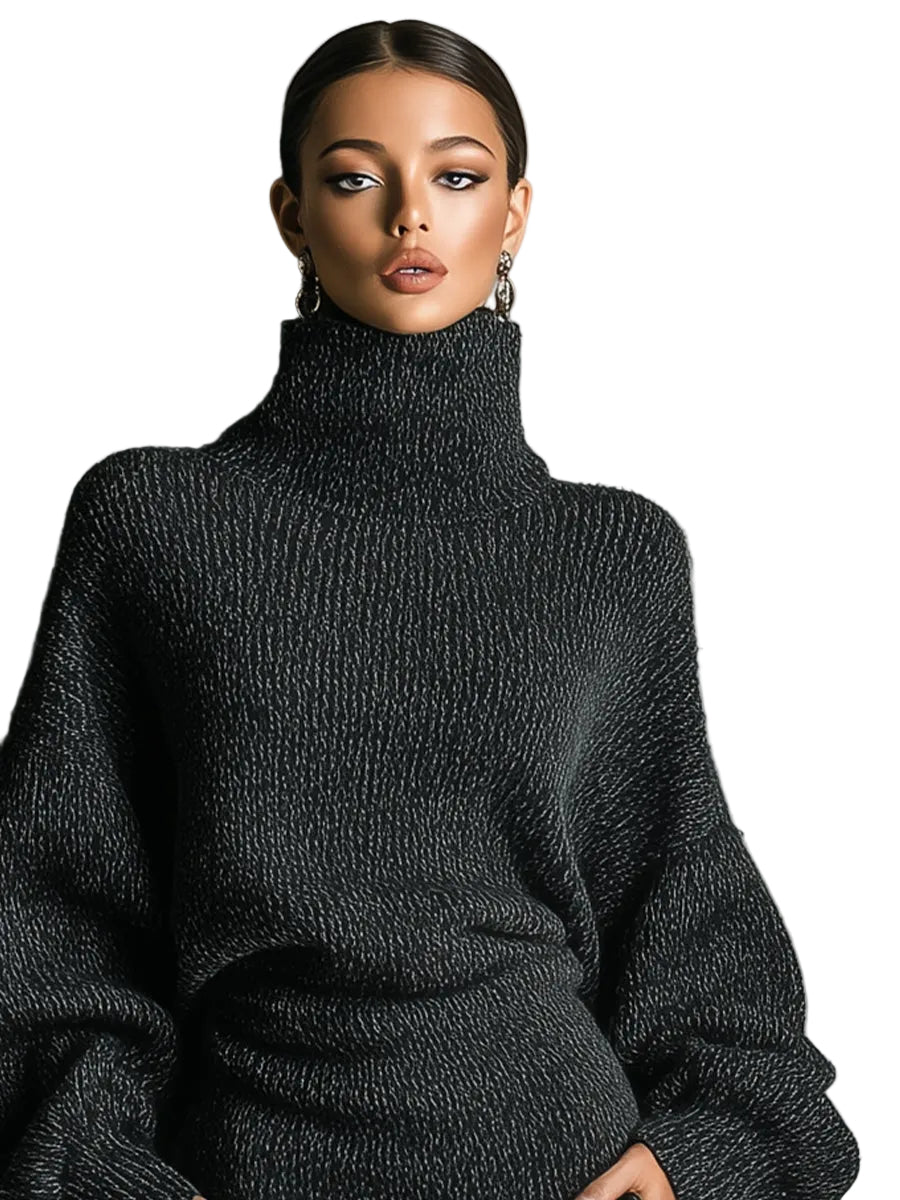 Women's Charcoal Chic Knit Turtleneck Oversized Knit Midi Dress MDA1624J6I