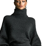 Women's Charcoal Chic Knit Turtleneck Oversized Knit Midi Dress MDA1624J6I