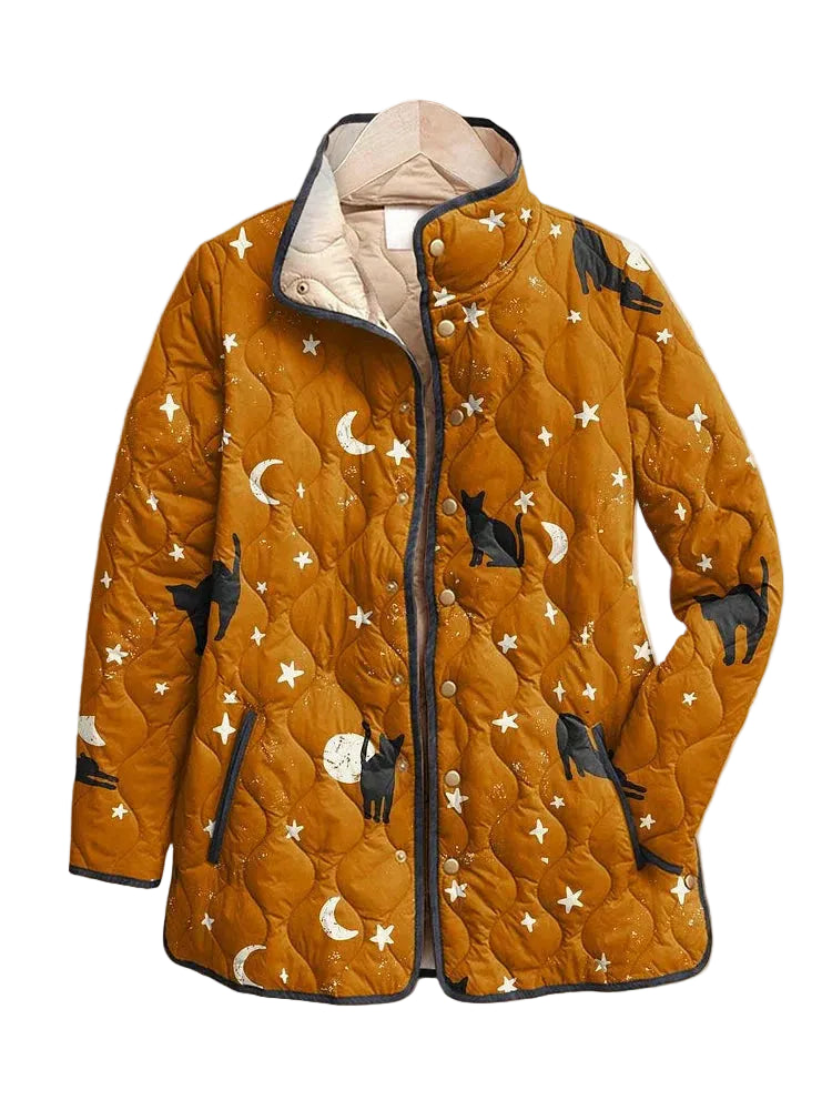Eira | Casual Black Cat Halloween Print Quilted Jacket — Final Edit