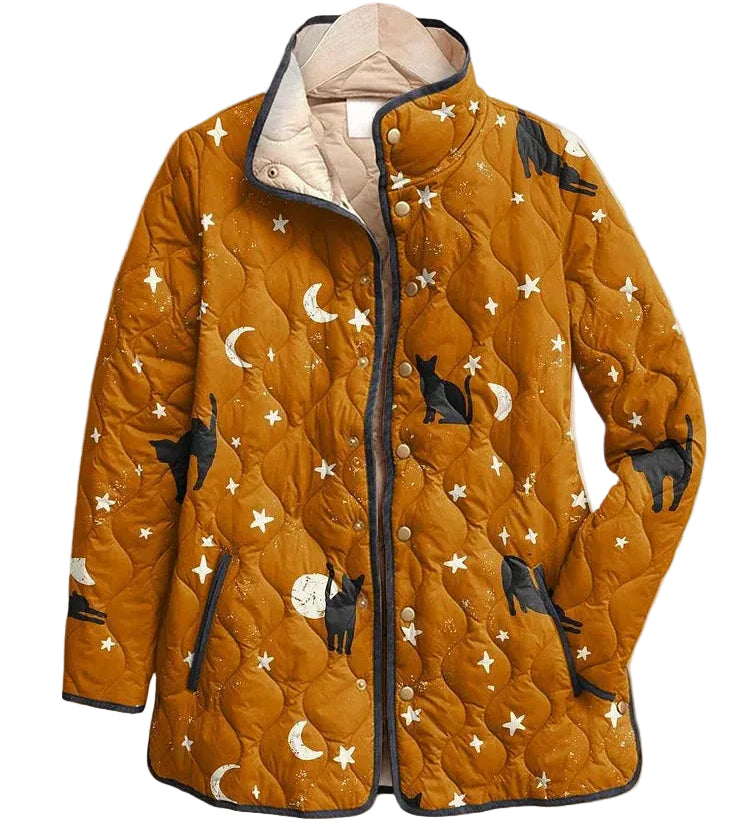 Eira | Casual Black Cat Halloween Print Quilted Jacket — Final Edit