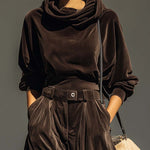Vintage brown velvet hoodie and loose-fitting trousers set（Includes belt）