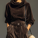 Vintage brown velvet hoodie and loose-fitting trousers set（Includes belt）