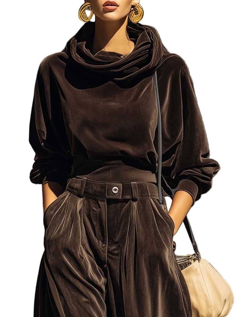 Vintage brown velvet hoodie and loose-fitting trousers set（Includes belt）