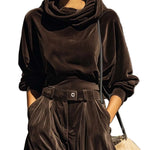 Vintage brown velvet hoodie and loose-fitting trousers set（Includes belt）